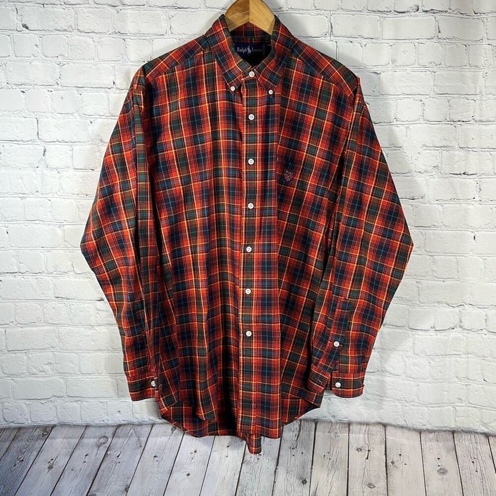 Ralph Lauren Chest Crest Red Plaid Cotton Shirt Size M Medium Long Sleeve‎